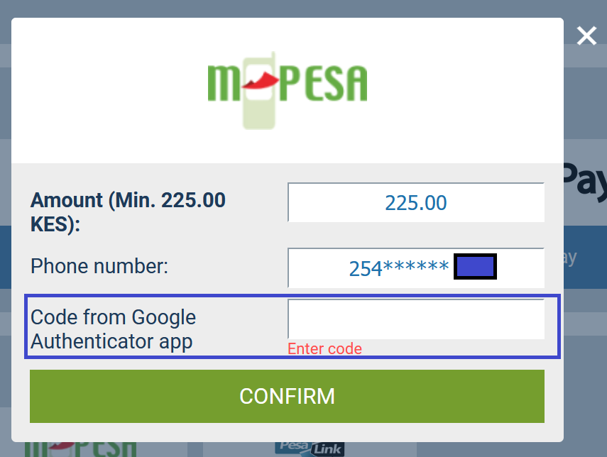 Confirm withdrawal request at 1xBet Tanzania by entering your Google authenticator code