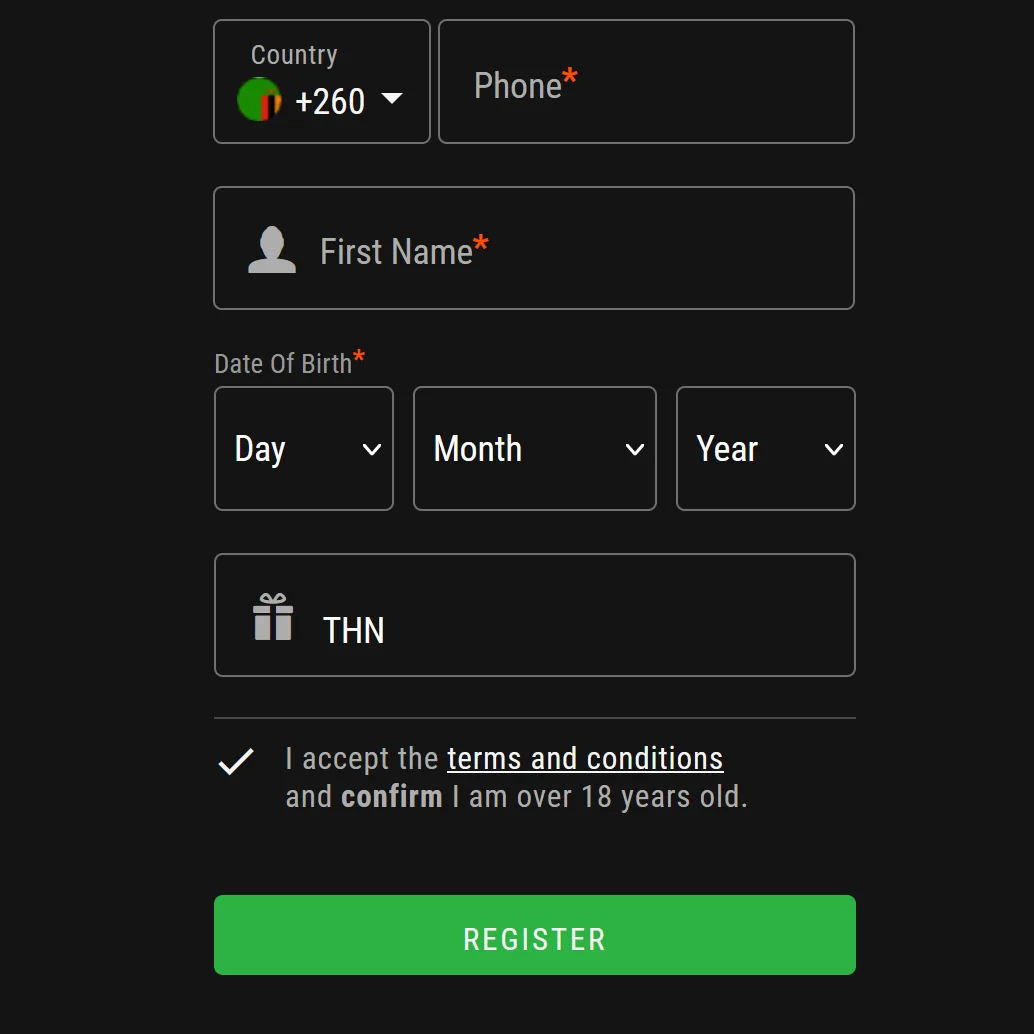 Bwin Zambia Registration Page