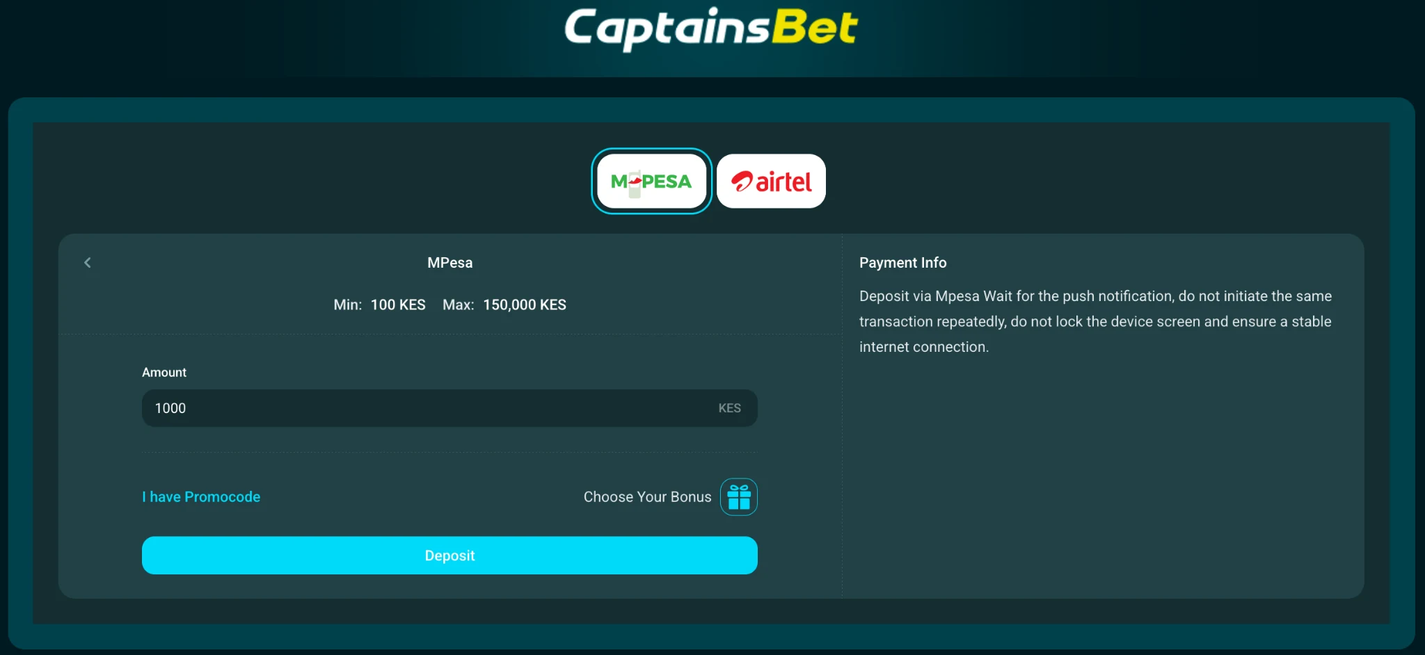 CaptainsBet Kenya M-Pesa deposit screen showing deposit limits and bonus selection