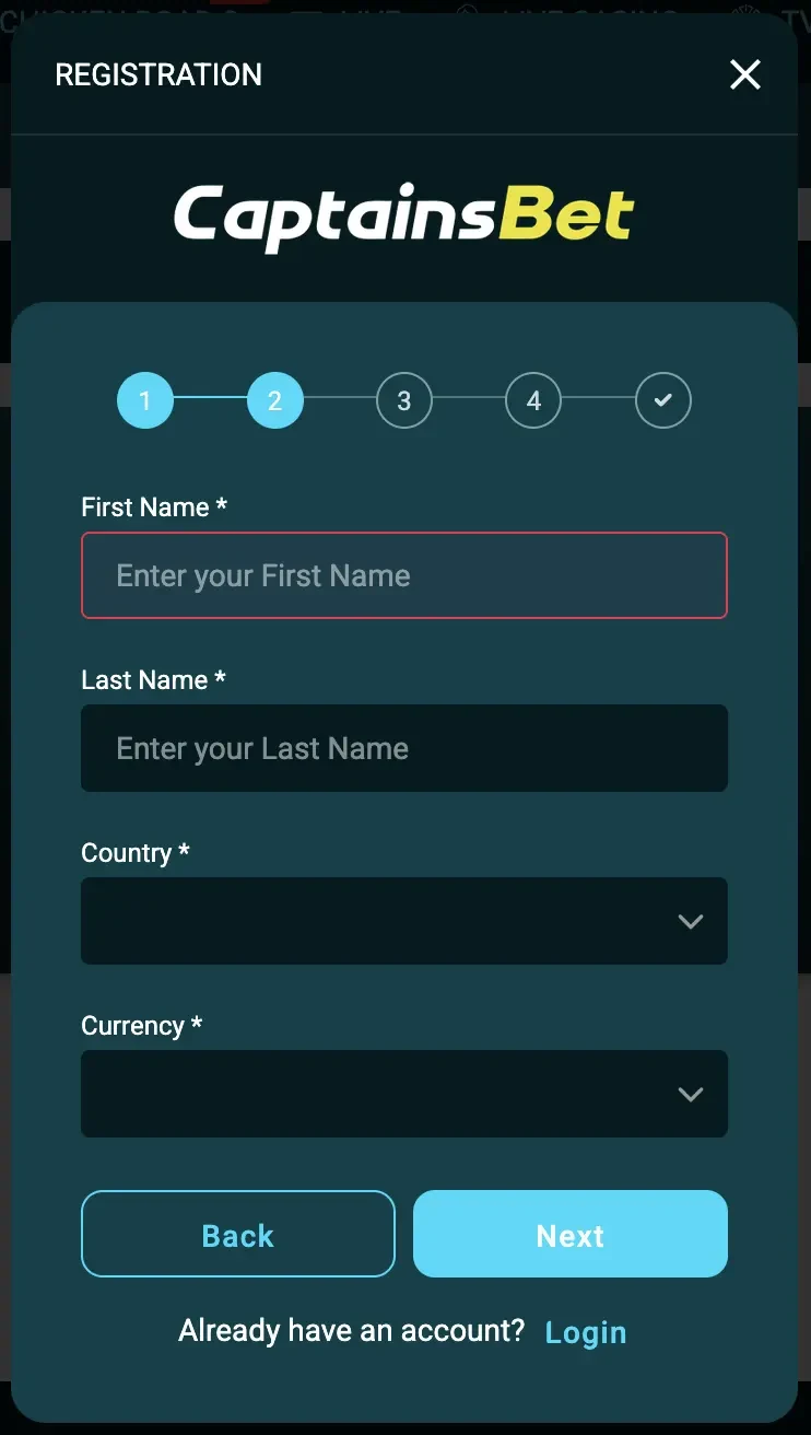 CaptainsBet Kenya registration personal details country and currency