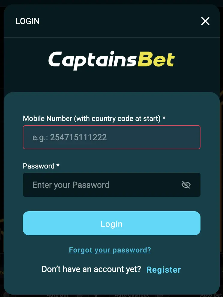 CaptainsBet login form showing mobile number and password fields