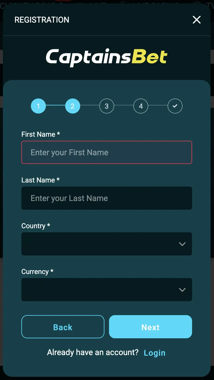 CaptainsBet Zambia registration step 2 with name country and currency fields