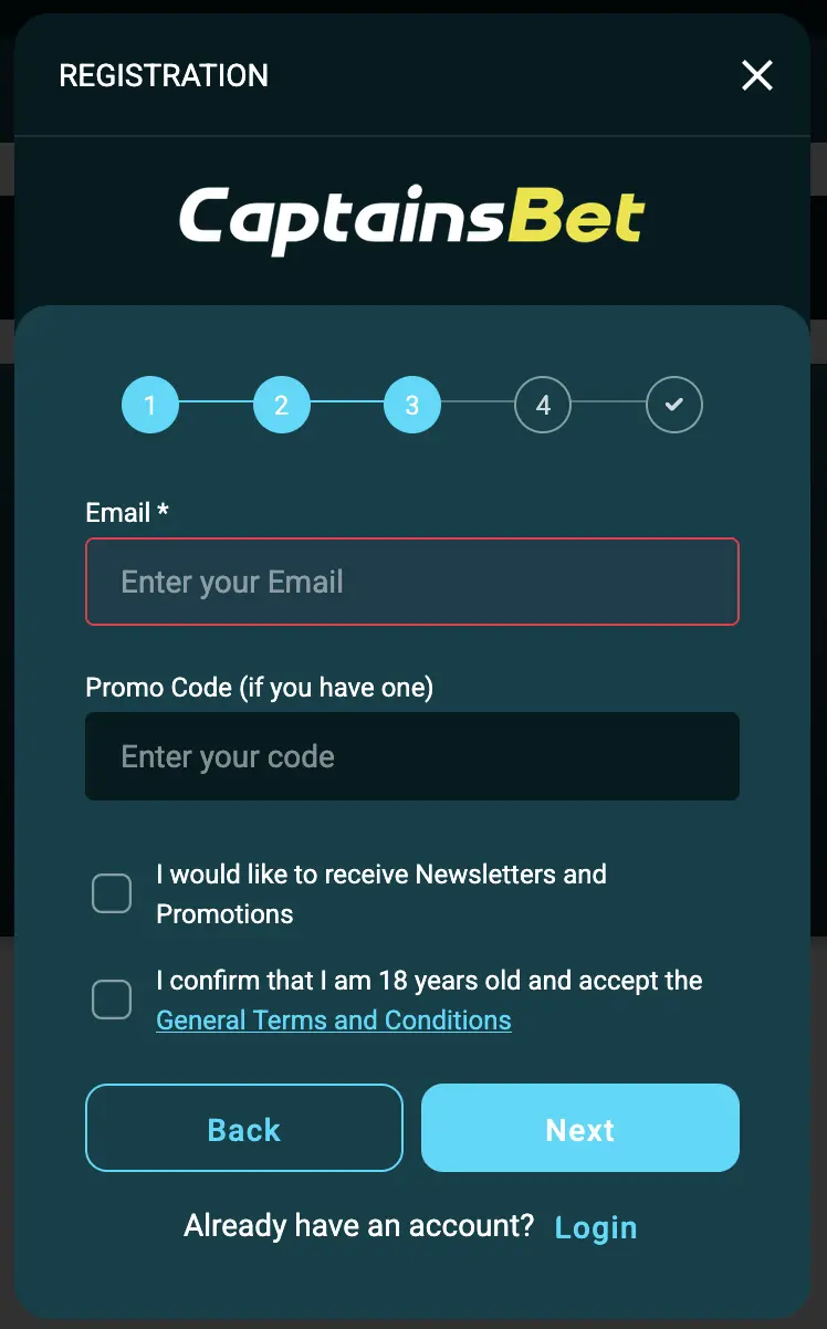 CaptainsBet Zambia registration step 3 showing email and promo code fields
