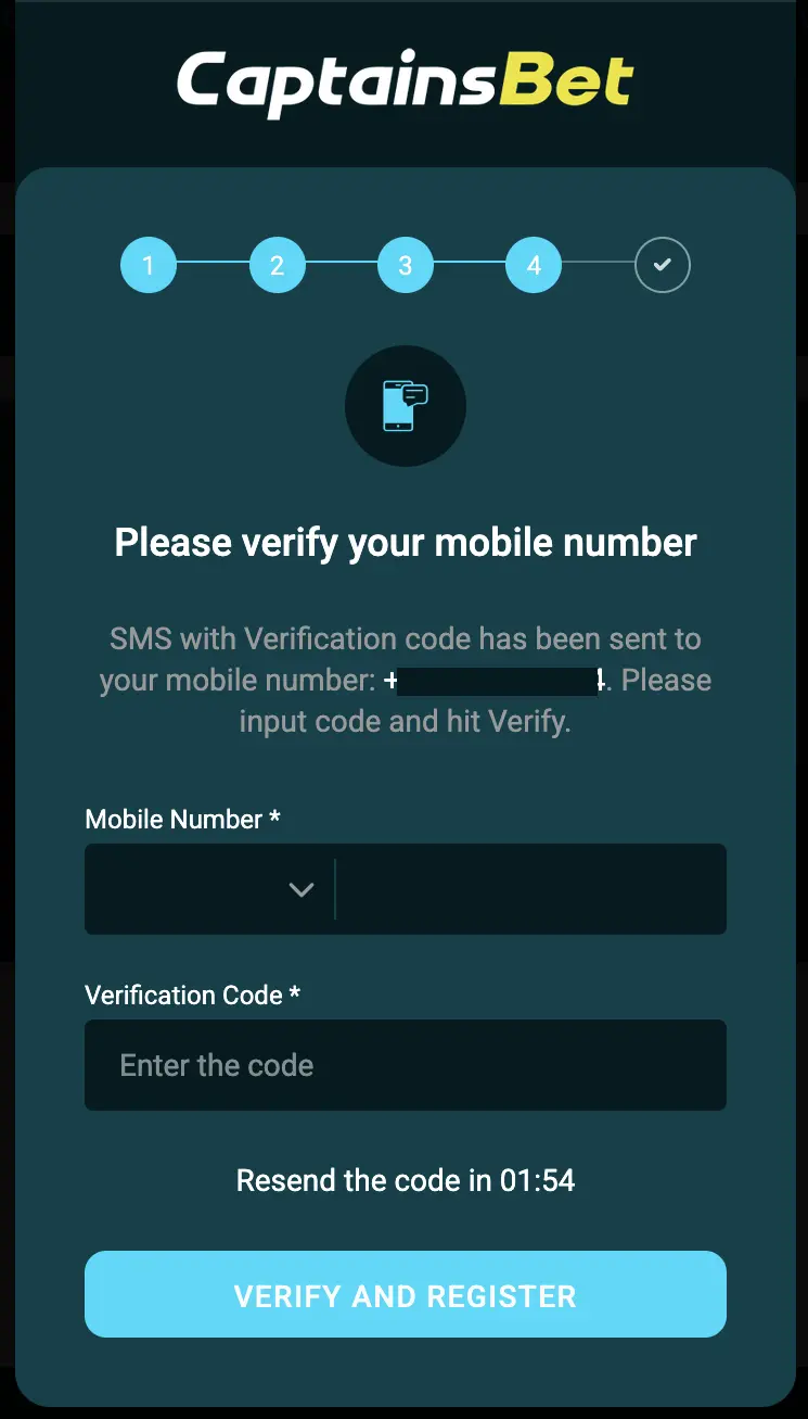 CaptainsBet registration mobile number SMS verification screen