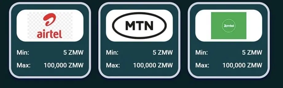CaptainsBet Zambia payment methods showing Airtel Money, MTN Mobile Money and Zamtel deposit limits