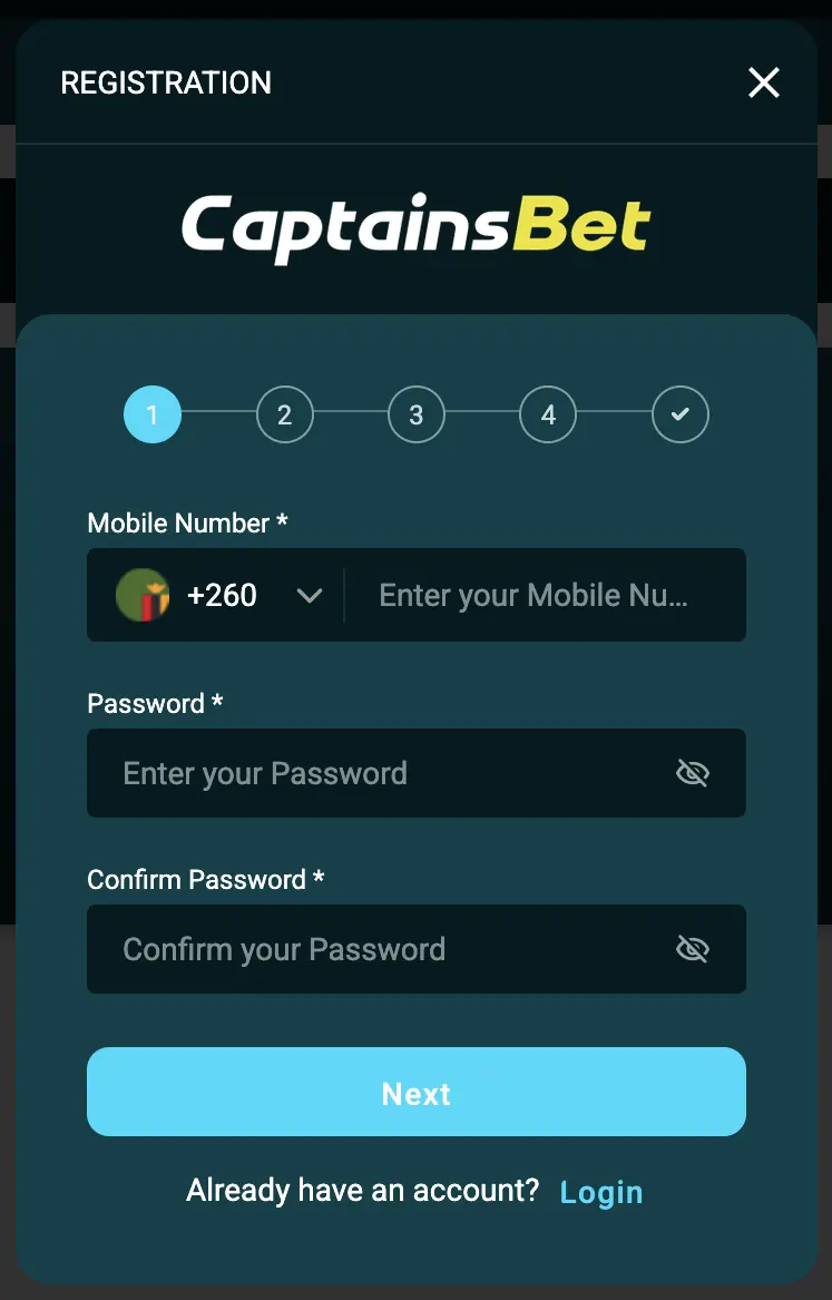 CaptainsBet Zambia registration step 1 showing +260 mobile number and password fields