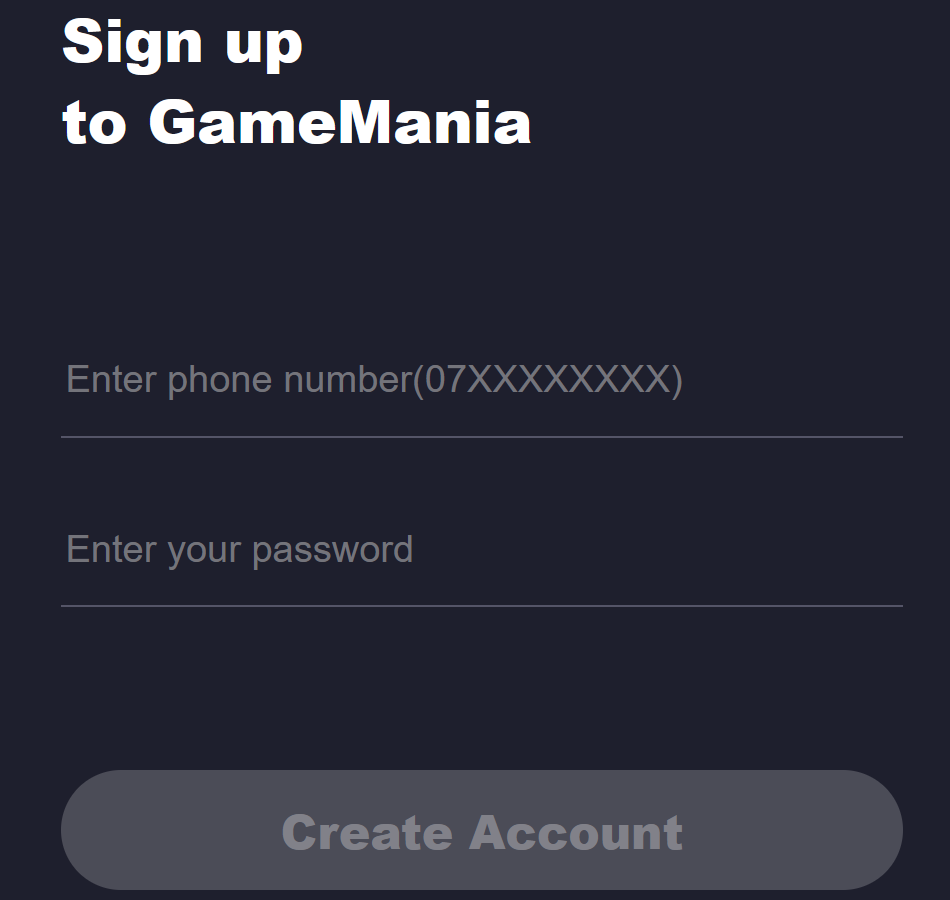 Gamemania Kenya Registration Page