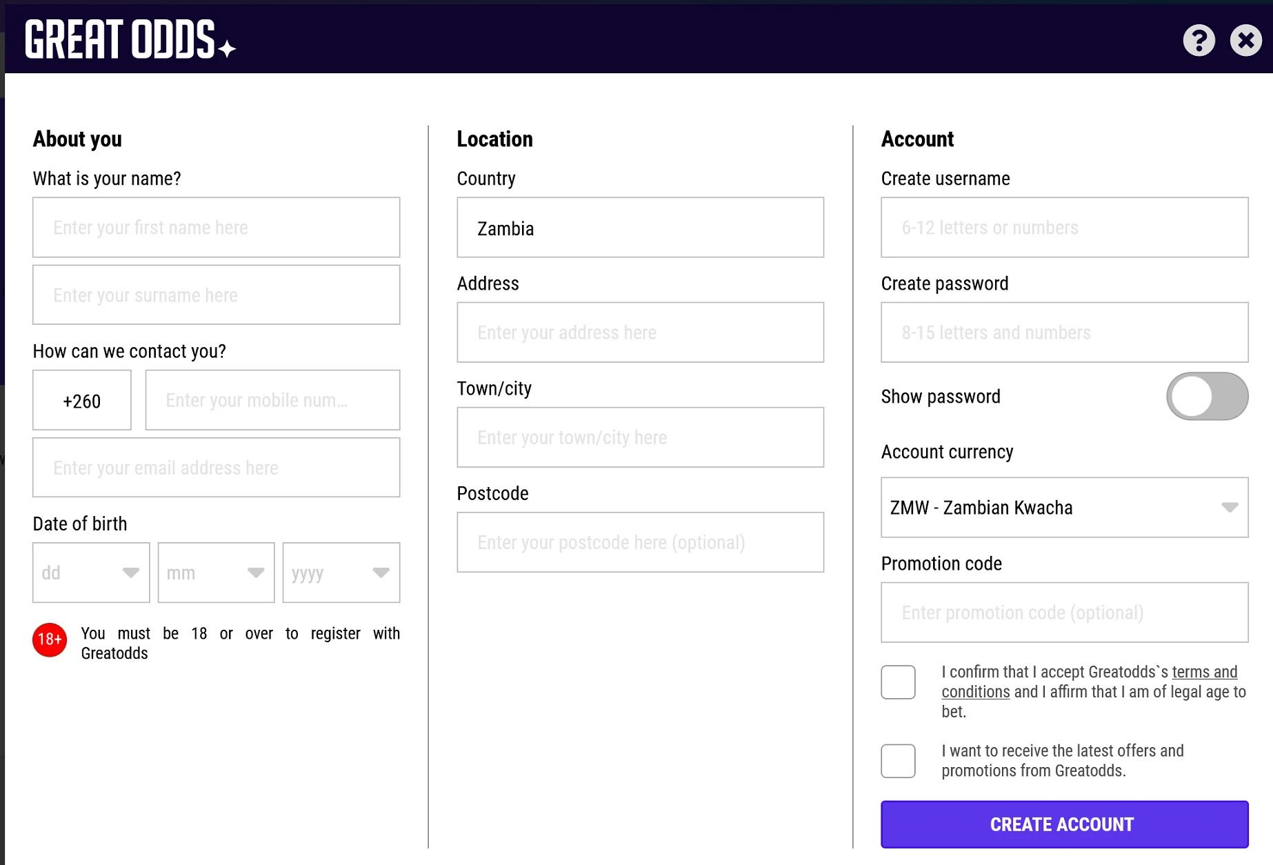 GreatOdds Zambia Registration Page