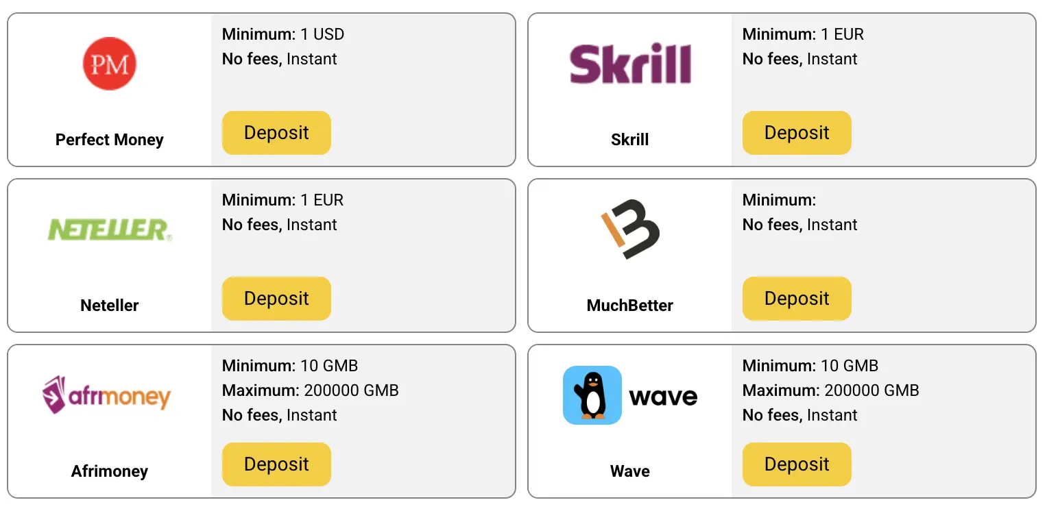HelaBet Gambia deposit methods including Afrimoney Wave Skrill Neteller Perfect Money and MuchBetter