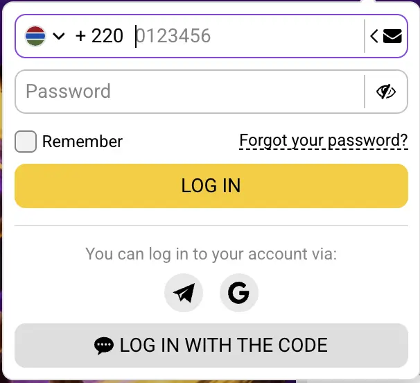 HelaBet Gambia login form with +220 mobile number password recovery Google Telegram and code login