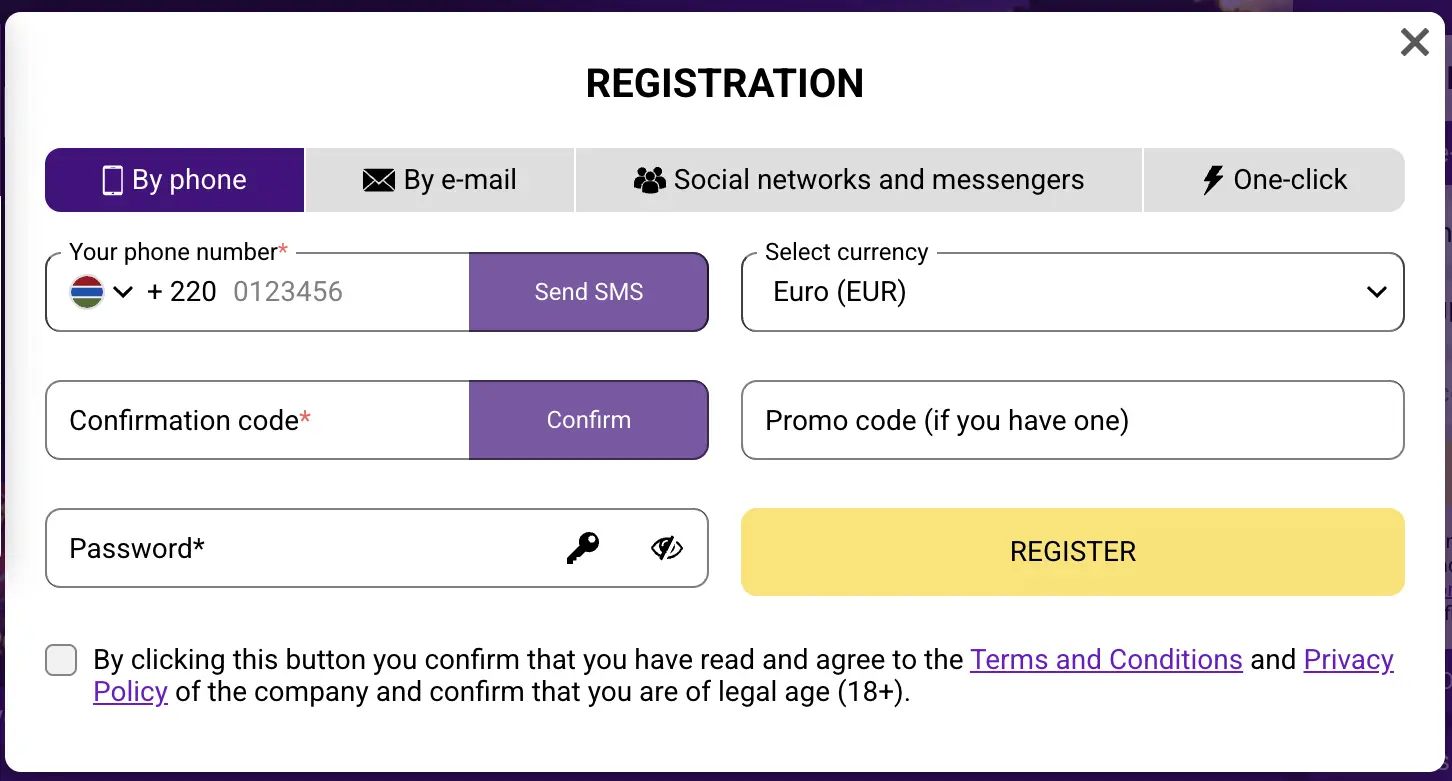 HelaBet Gambia sign up form with +220 phone number SMS confirmation currency selector and promo code field