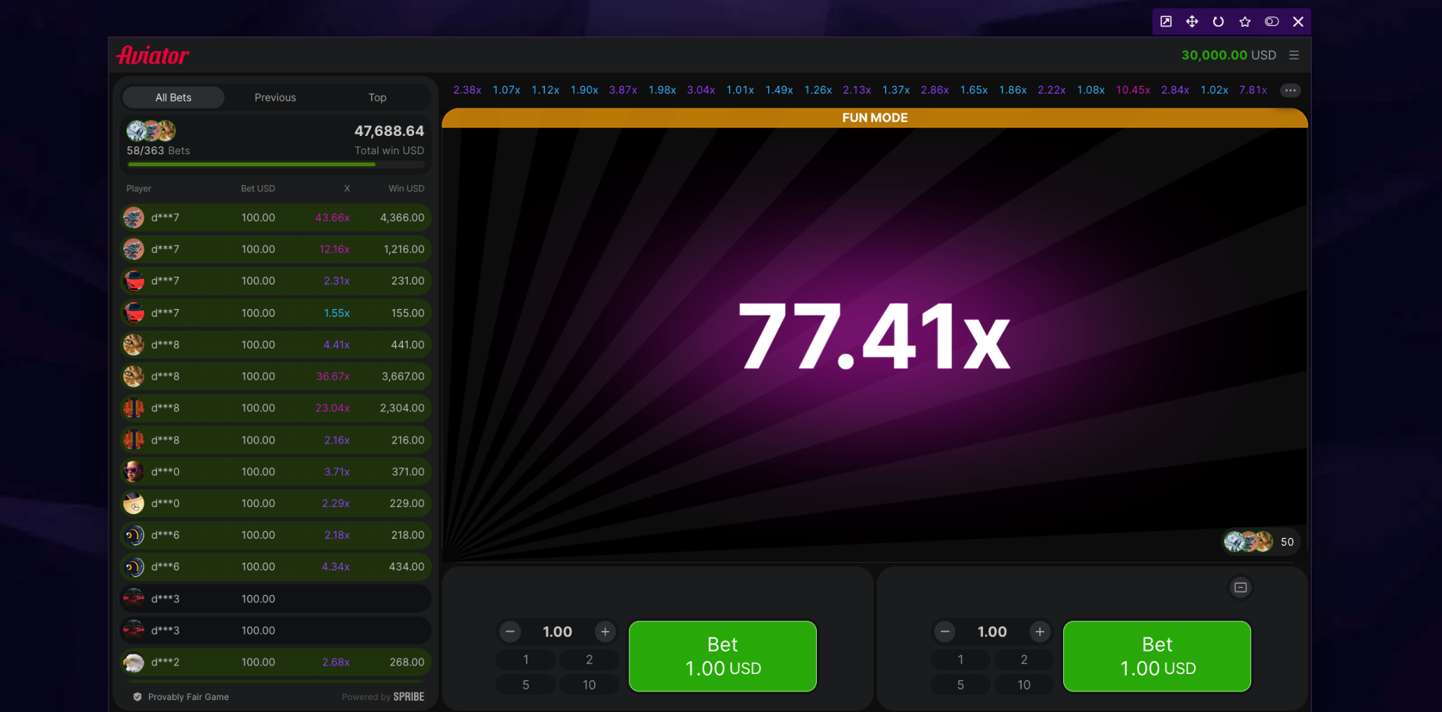 Helabet Aviator interface with recent multipliers, two betting panels and SPRIBE branding