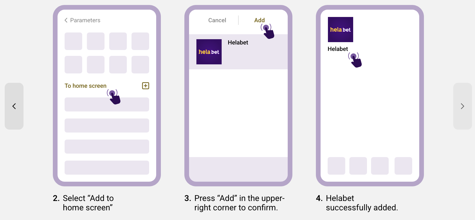 Helabet iPhone Add to Home Screen confirmation and completed shortcut