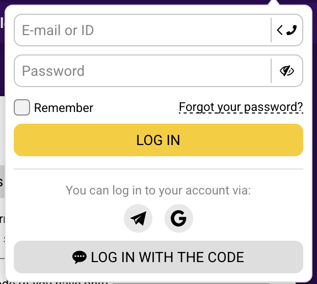 Helabet login form with E-mail or ID, password, Google, Telegram and code login options
