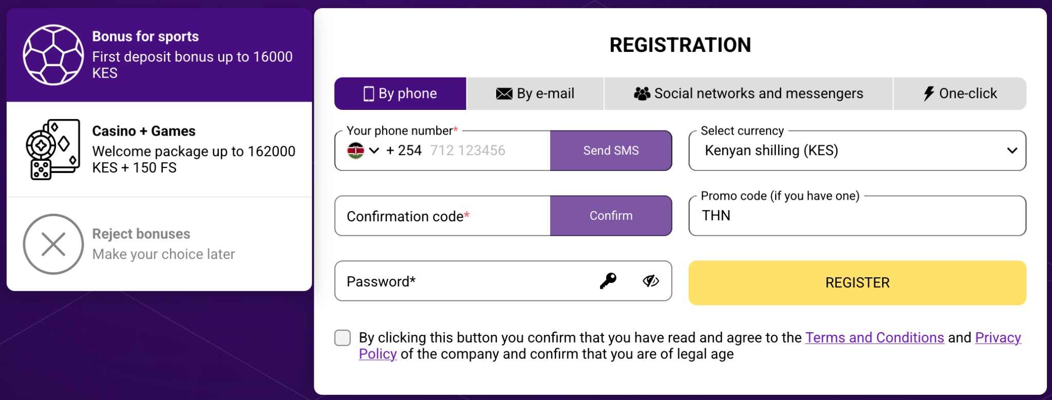 Helabet Kenya registration form with +254 phone number, SMS confirmation, KES currency and promo code THN
