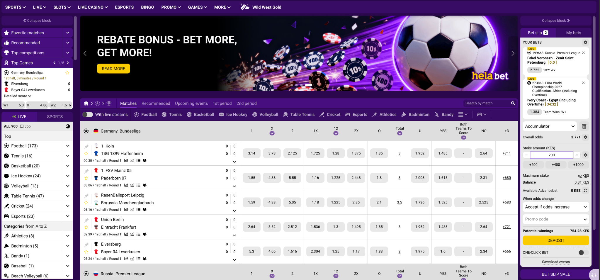Helabet Kenya live sportsbook with sports categories, betting markets and accumulator bet slip