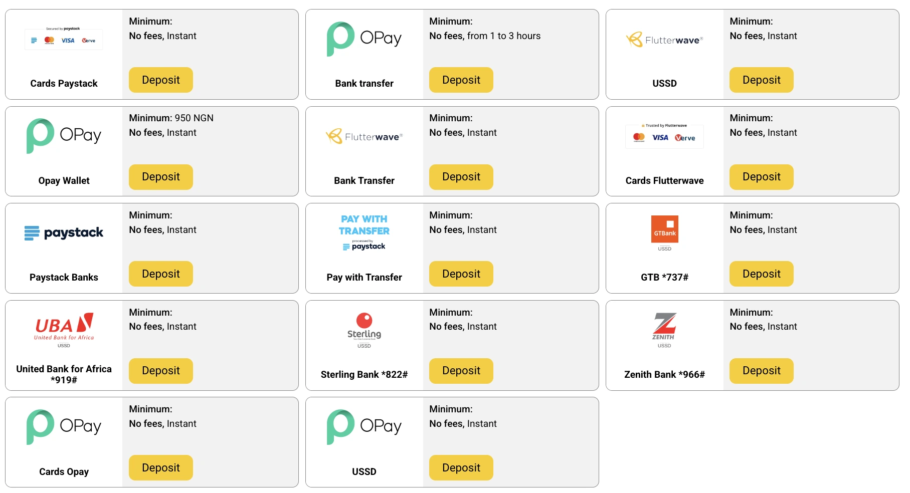 Helabet Nigeria deposit methods showing OPay Flutterwave Paystack cards bank transfer and USSD