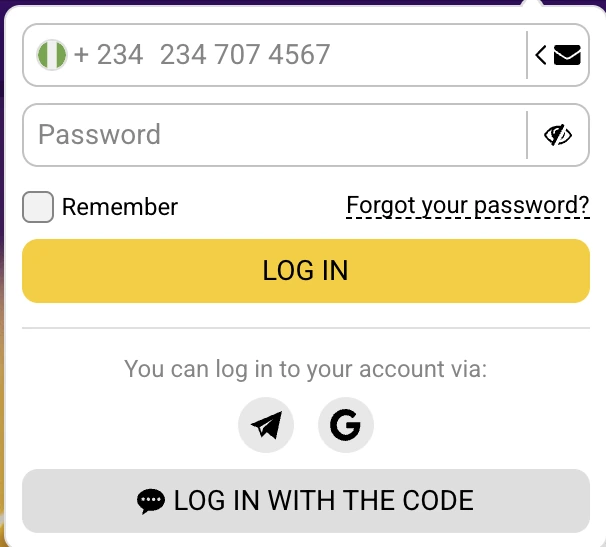Helabet Nigeria login form with +234 mobile number, password, Google, Telegram and code login options