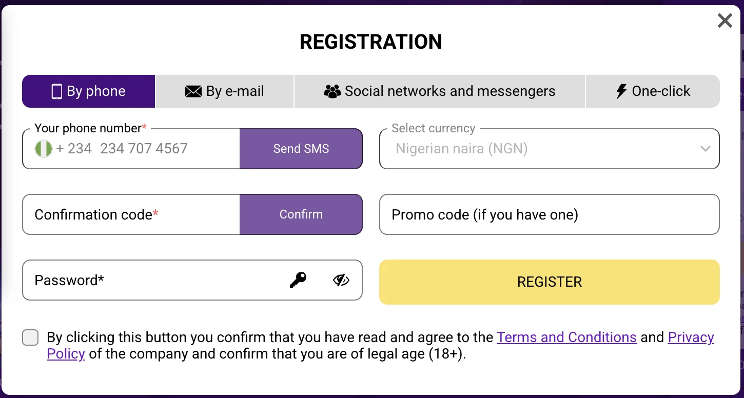 Helabet Nigeria registration form with +234 phone number, SMS verification, NGN currency and promo code field