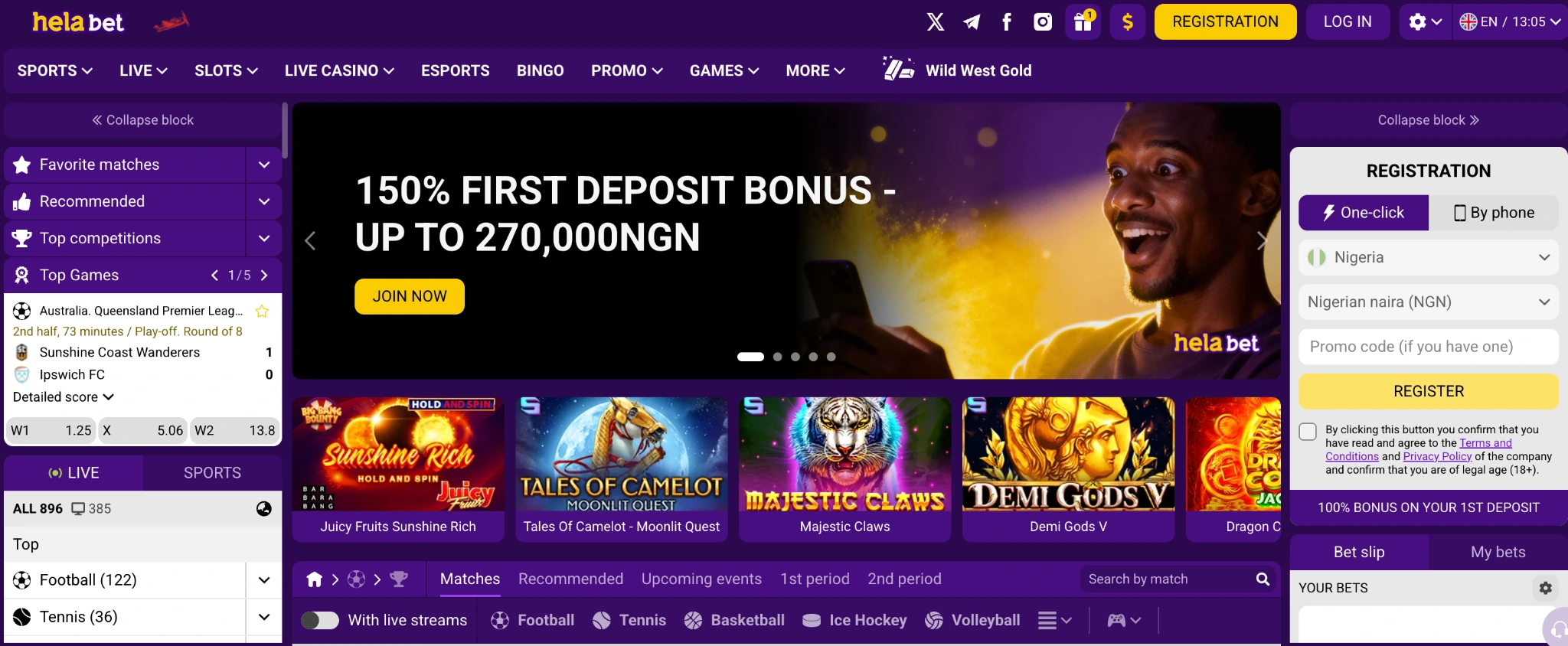 Helabet Nigeria sportsbook and live betting interface with sport categories markets and bet slip