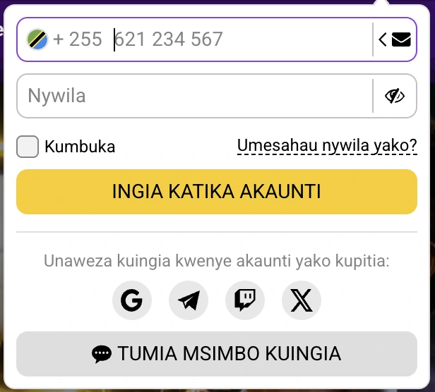 Helabet Tanzania login yenye namba ya +255 nywila Google Telegram Twitch X na kuingia kwa msimbo