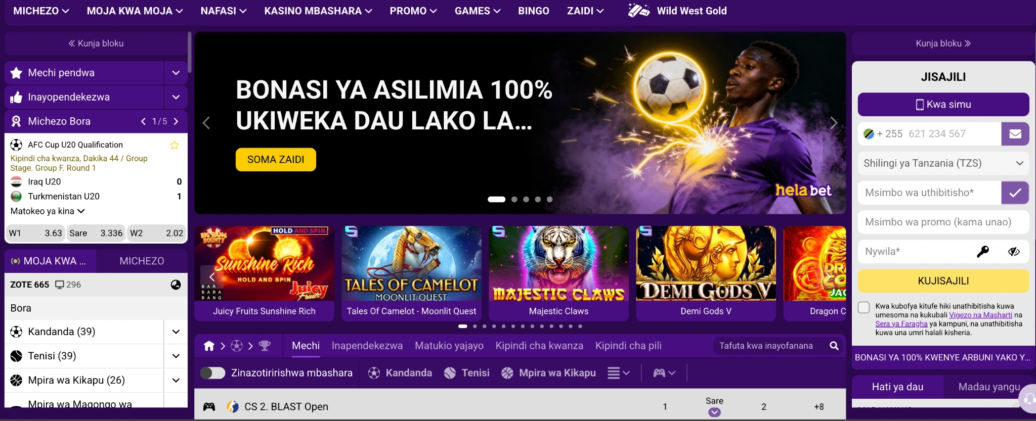 Helabet Tanzania Michezo na Moja kwa Moja yenye masoko ya dau Hati ya dau na vichujio vya mechi