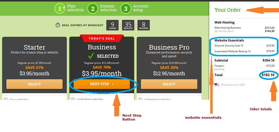 step 2: selecting hosting plan