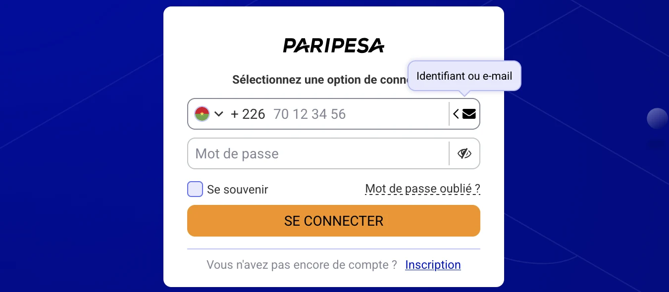 Connexion PariPesa Burkina Faso avec indicatif +226