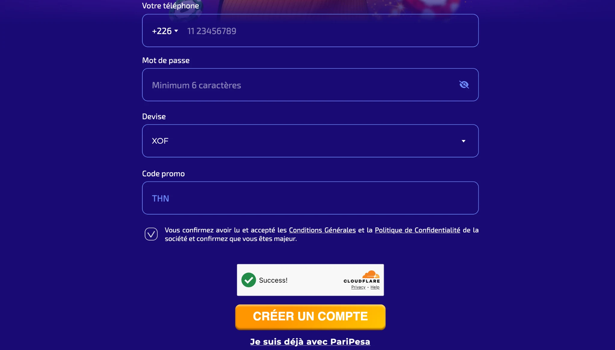 Formulaire d'inscription PariPesa Burkina Faso avec +226, devise XOF et code promo THN