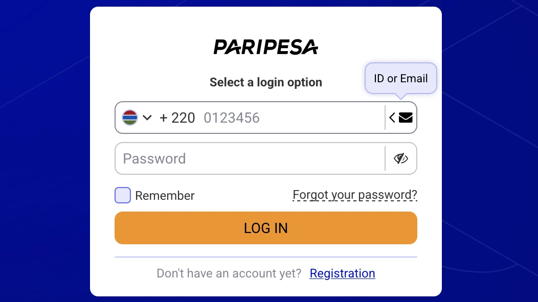 PariPesa Gambia login page with Gambian flag and +220 phone prefix