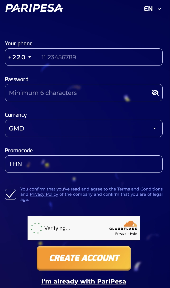 PariPesa Gambia registration form showing +220, GMD currency and promo code THN