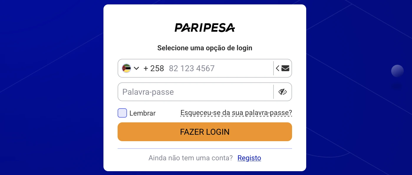Login PariPesa Moçambique com número de telefone +258