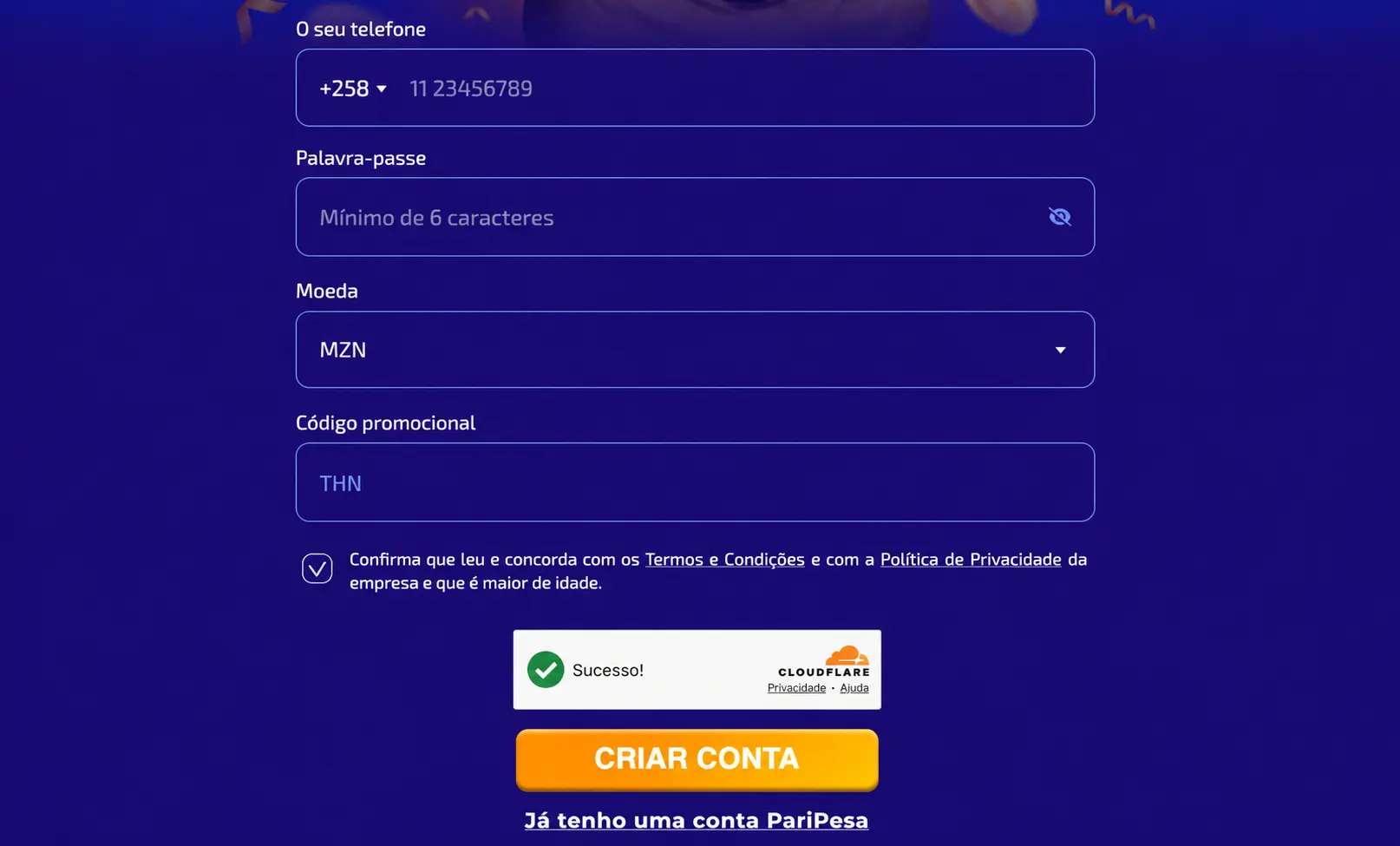 Formulário de registo PariPesa Moçambique com +258, moeda MZN e campo de código promocional