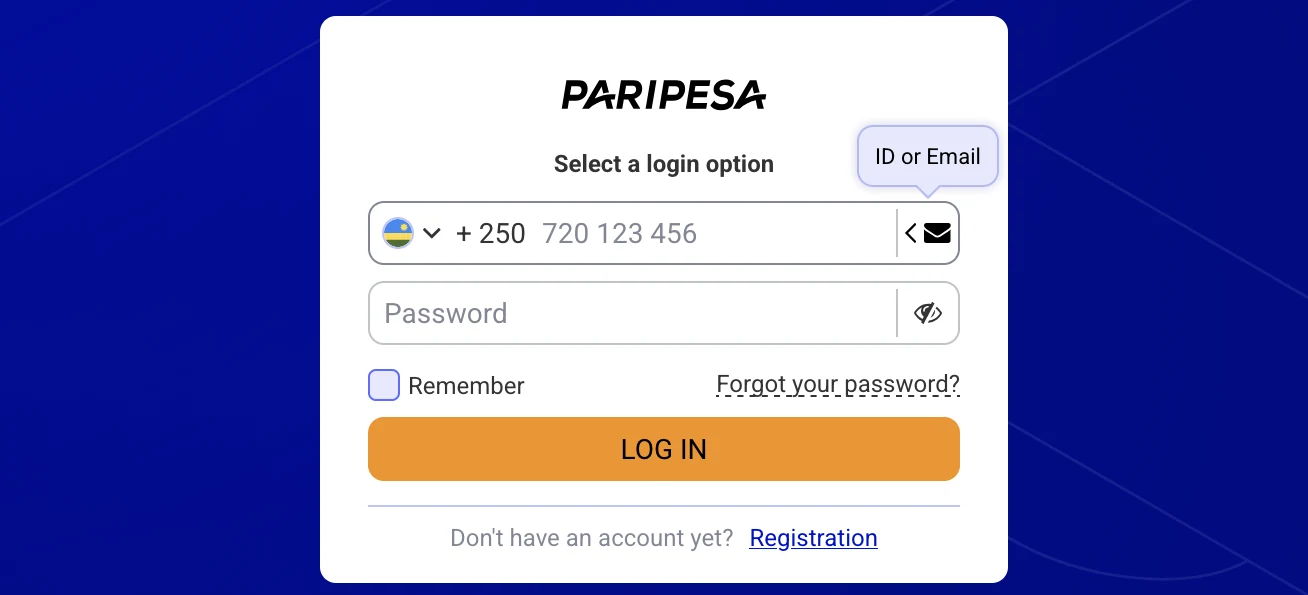 PariPesa Rwanda login page showing Rwanda flag and +250 phone prefix