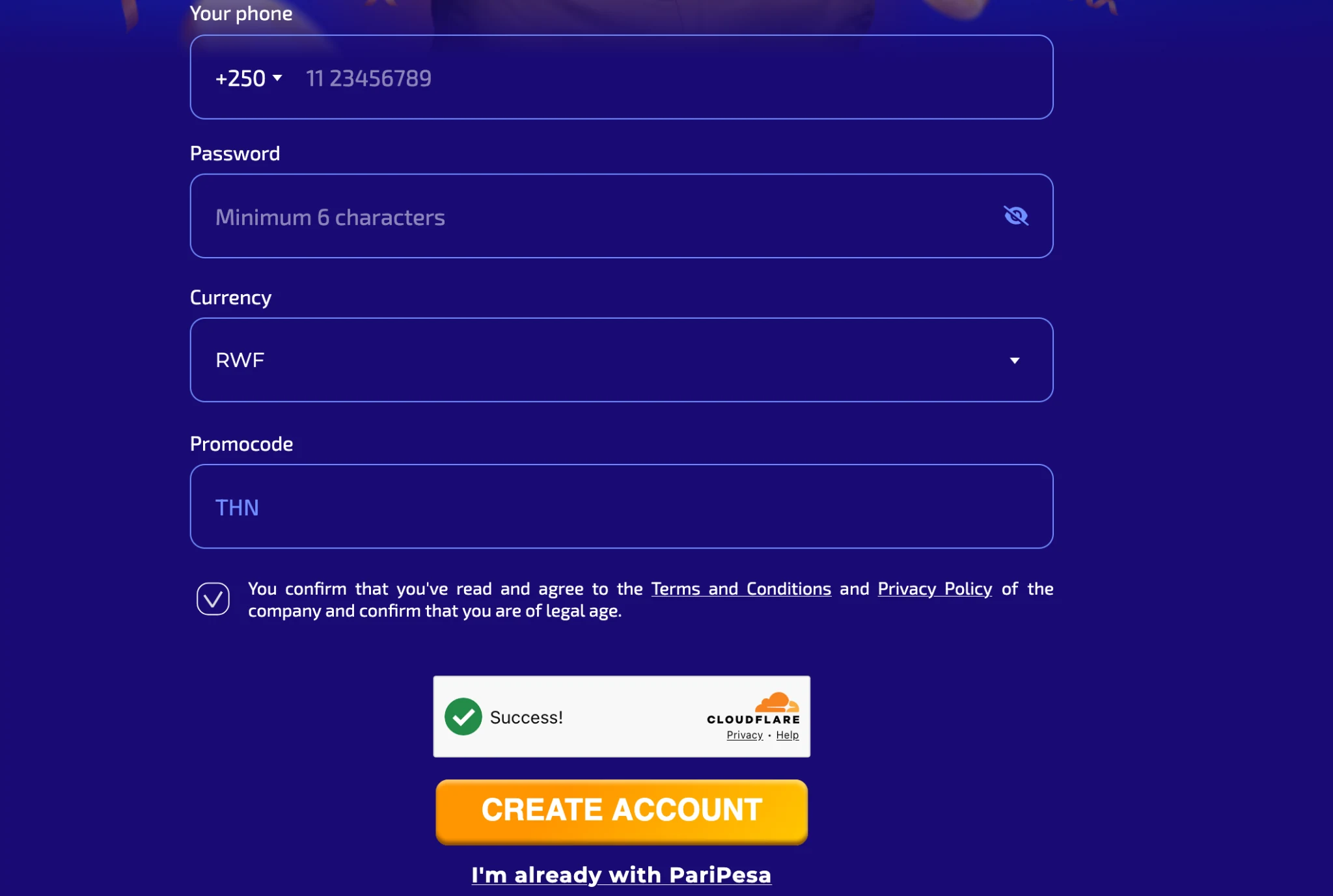 PariPesa Rwanda registration form showing +250, RWF and promo code THN