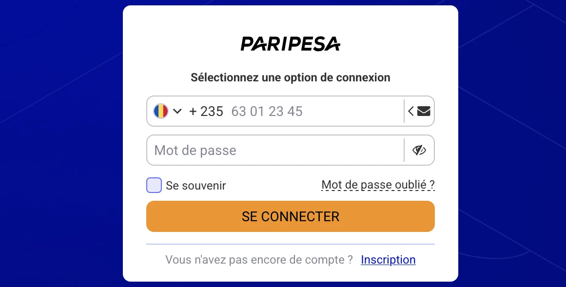 Connexion PariPesa Tchad avec numéro de téléphone +235