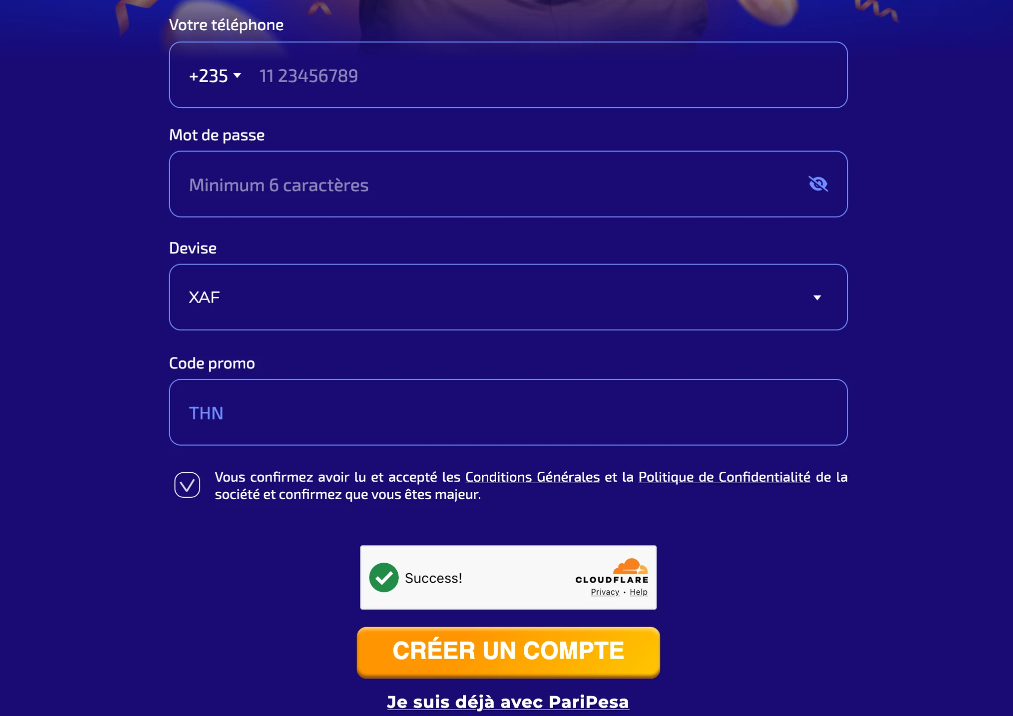 Inscription PariPesa Tchad avec indicatif +235, devise XAF et code promo THN