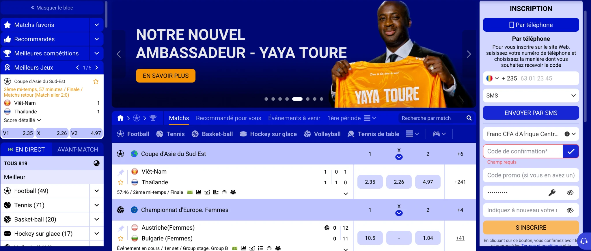 Interface des paris sportifs et live PariPesa Tchad